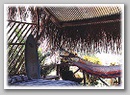Hammock and surfboard under a thatched shelter at Malpais Surf Camp